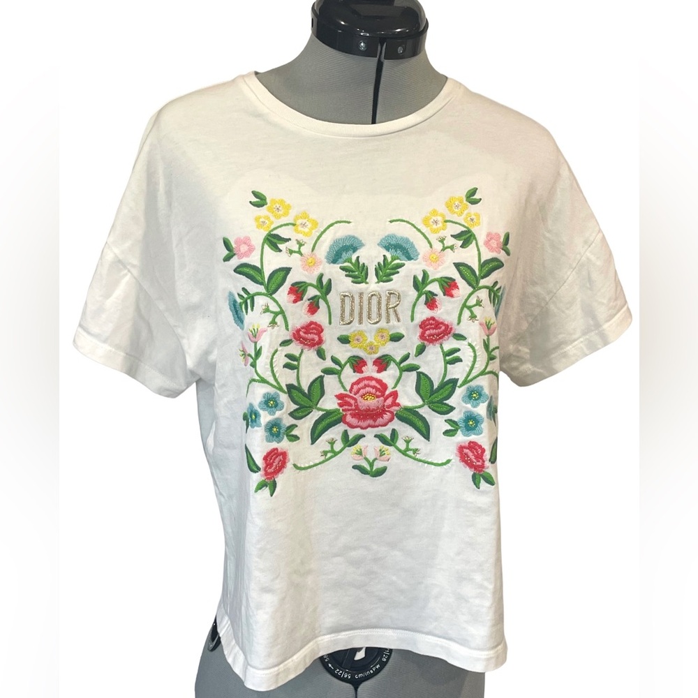 Dior 2023 short sleeve tee,white, Floral Embroidery, silver embroidered DIOR, XS